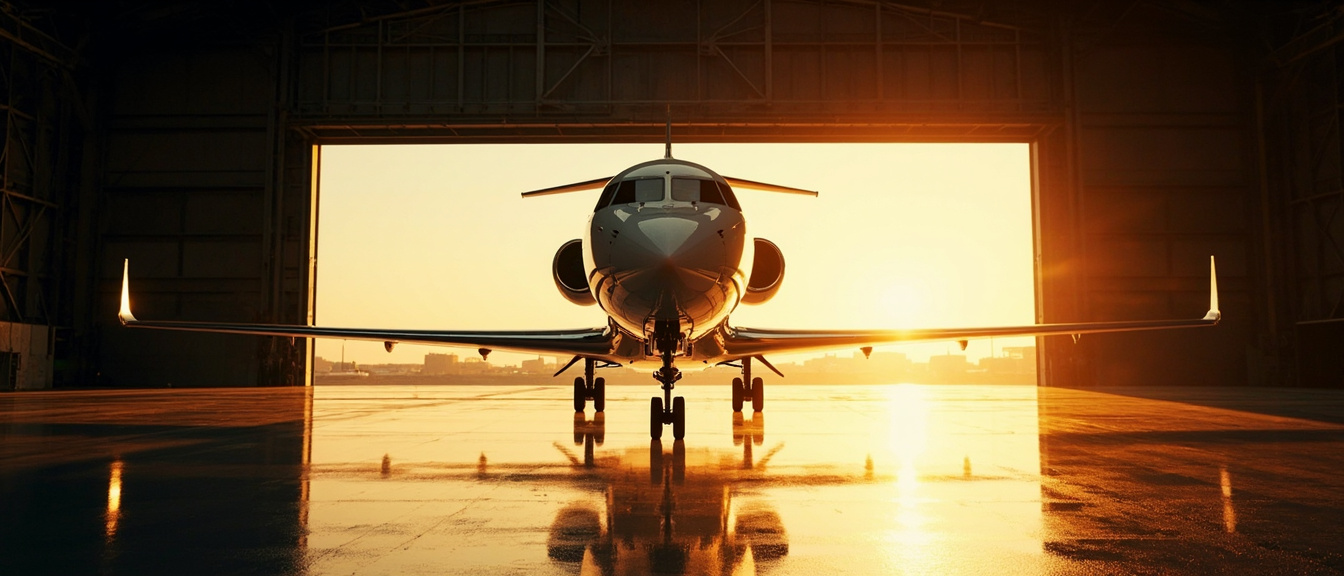 Private jet inside an open hangar at sunrise