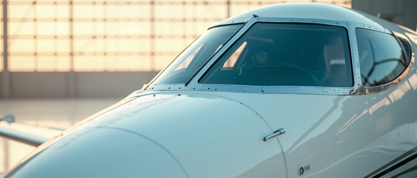 Polished private jet nose and cockpit glass