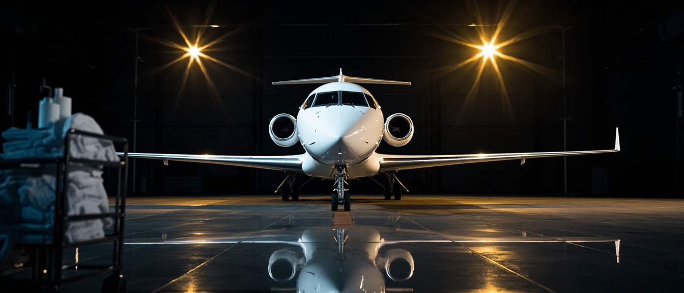 Private jet inside a clean hangar at night