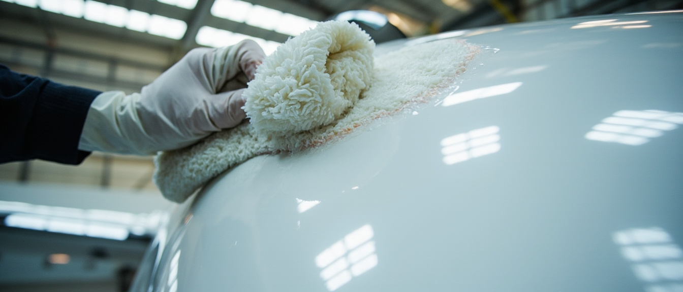 Detailer polishing a private jet fuselage