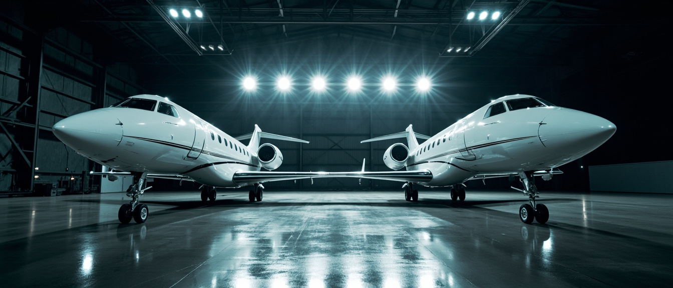 Two private jets parked inside a hangar